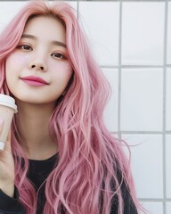 Asian woman pink hair cute baby face glitter on face cheeks. Korean style. Fashion. Seoul style