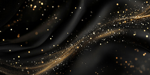 Glittering gold particles on black flowing fabric background