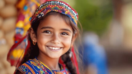 Fototapeta premium A portrait of a Nepali girl in traditional attire, smiling warmly in a rural village setting. Her bright eyes and colorful dress reflect the cultural richness and joyful spirit of