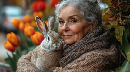 An elderly woman smiles warmly while cradling a fluffy rabbit in her arms, surrounded by colorful tulips on a sunny spring day, capturing a moment of joy and tranquility.