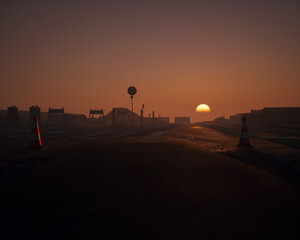 Obraz premium Roadside construction area during sunset with clear sky. 3D render.