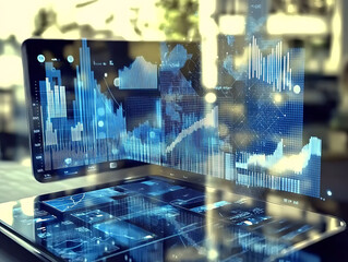 Stunning visuals of dynamic data displayed on sleek tablets.  Perfect for illustrating technology, finance, big data, analytics, or futuristic concepts.