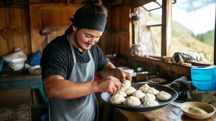 A tourist participating in a momo cooking course at a community home stay in Panauti, Nepal, learning to prepare traditional Nepali dumplings from a local chef. The cozy kitchen se