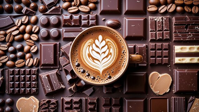 Coffee art latte surrounded by assorted chocolate pieces and whole coffee beans