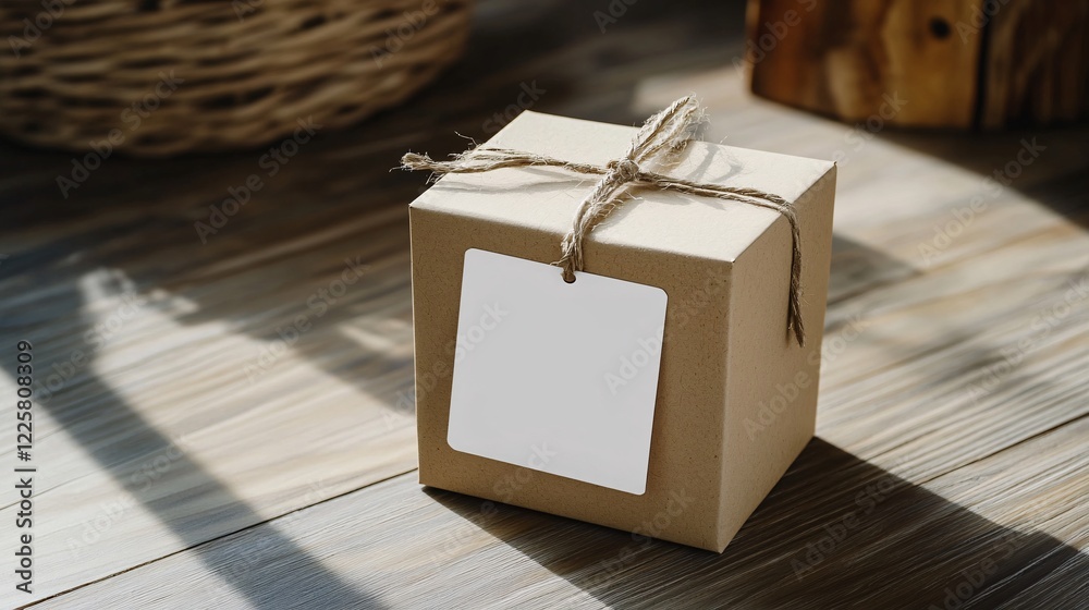 Poster Cardboard box tied with string sitting on wooden table is displaying blank white tag