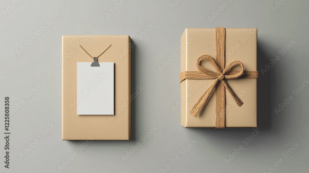 Poster two neutral gift boxes wrapped in kraft paper one with blank tag hanging from string