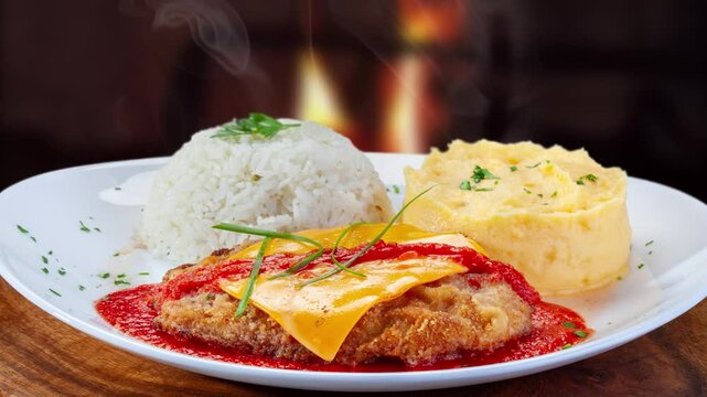 Milanese steak with rice and mashed potatoes