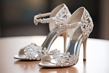 Bridal Accessories Composition for Elegant Wedding Apparel: Shoes, Jewelry, and Shiny Silver Decorations