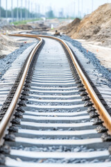 Fototapeta premium Construction site of a mass rail transit line in progress. Laying of railway tracks, extension of a mass rail transit line
