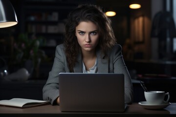Brooding Young Business Woman Working on Laptop in Office Environment