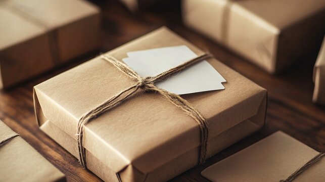 Packed brown paper parcel with blank tag surrounded by other packages