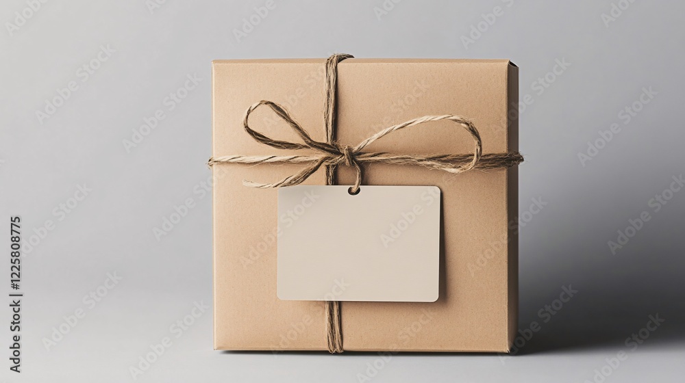Poster cardboard gift box tied with string on gray background