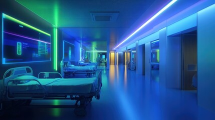 Obraz premium Empty hospital beds lining a futuristic corridor, illuminated by ambient blue and green lighting, feature interactive screens displaying medical data in a sterile environment