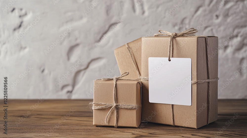 Poster gift boxes wrapped in brown paper and tied with string sitting on a wooden surface
