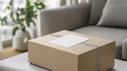 Cardboard box with blank card sitting on table in living room