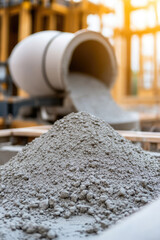 Finished cement mix inside a concrete mixer in the background of a construction site. Foundation pouring, construction industry