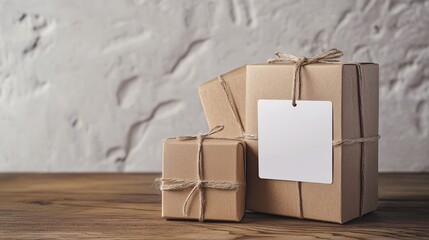 Gift boxes wrapped in brown paper and tied with string sitting on a wooden surface