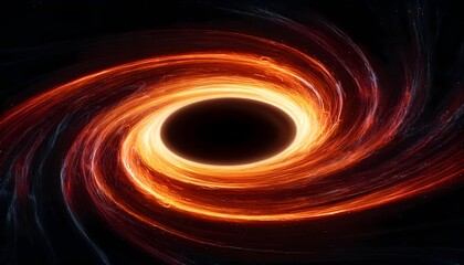 Captivating black hole with a swirling accretion disk of glowing red, orange, and yellow colors on black background. Black hole wallpaper