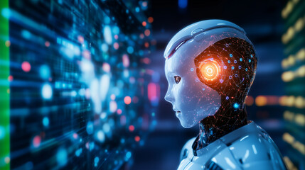 A humanoid robot with detailed facial expressions interacts with humans in an AI-driven social lab, demonstrating its ability to express emotions and enhance human-robot communicat