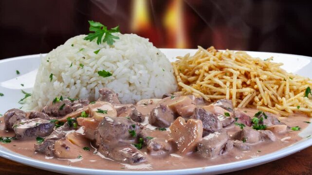 Beef stroganoff with rice and straw potatoes
