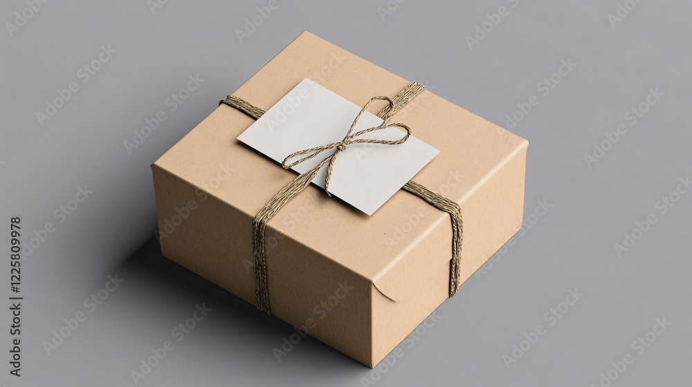 Poster Square cardboard box wrapped with brown string lying on gray background