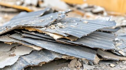 Broken corrugated asbestos cement sheets close-up view demolition site with an asbestos issue