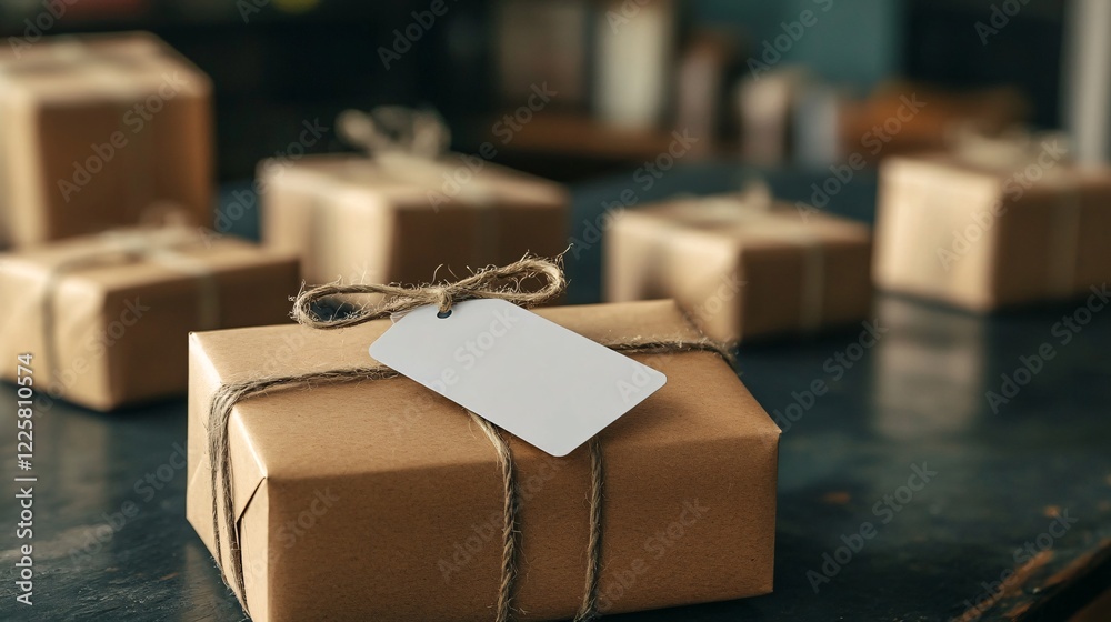Poster close up of brown paper package tied with string with blank gift tag on dark wooden table