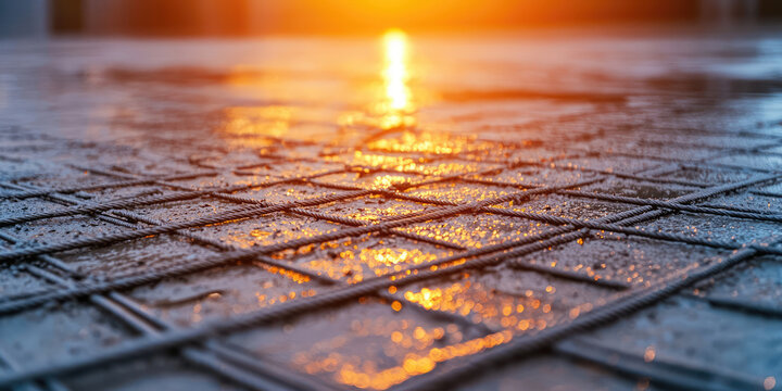 Wet concrete cement over rebar metal mesh. Building foundation pouring technology