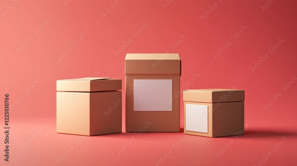Aufkleber Three cardboard boxes with blank labels standing on a red background