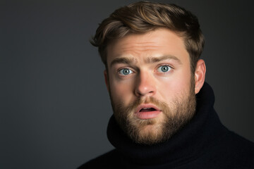 Fototapeta premium Young man with blue eyes and beard expressing surprise in a dark setting
