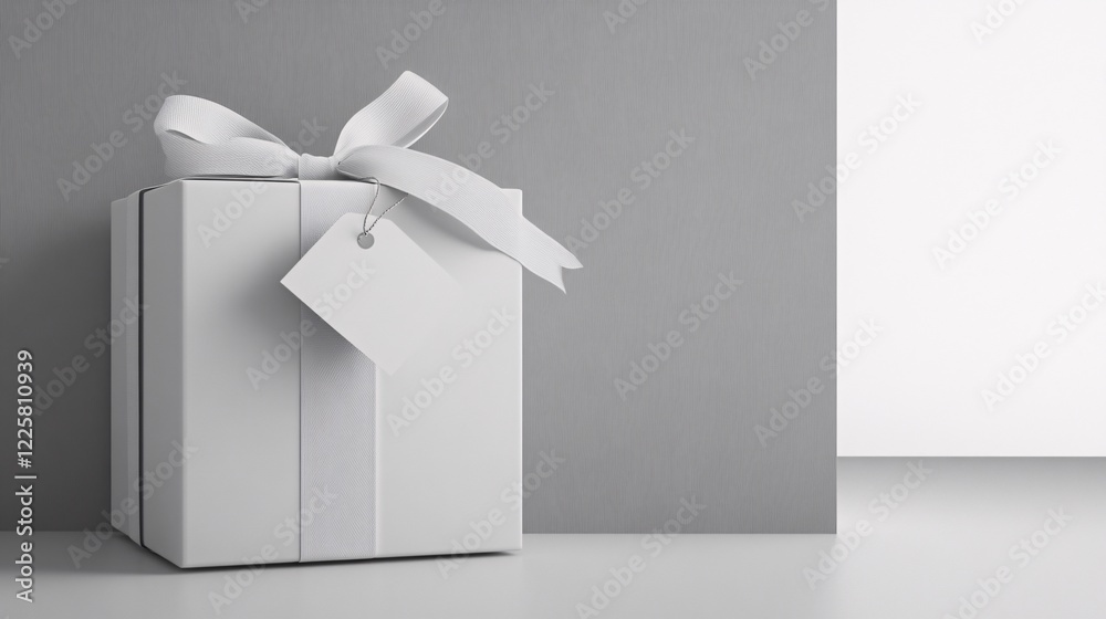 Poster white gift box with a blank tag is waiting on a table