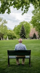 Fototapeta premium Elderly man sitting on a bench in a serene park surrounded by greenery and trees, enjoying a peaceful moment outdoors