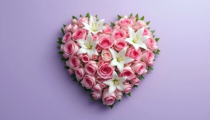 Obraz premium Heart-Shaped Bouquet with Pink Roses and White Lilies on Pastel Purple