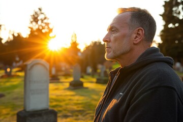 Man reflects quietly in a cemetery during sunset as light casts warm tones across the memorial stones and surroundings