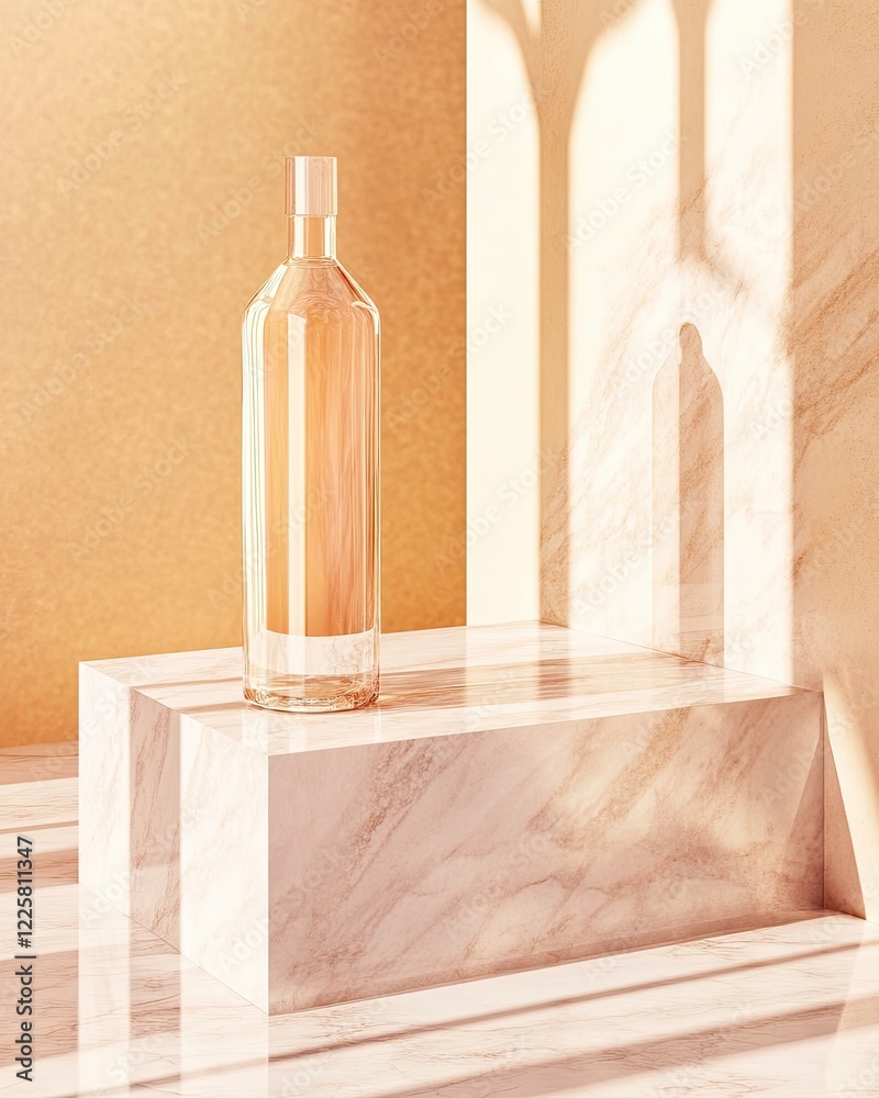 Aufkleber clear glass bottle on elegant marble surface with soft shadows and warm lighting for customization