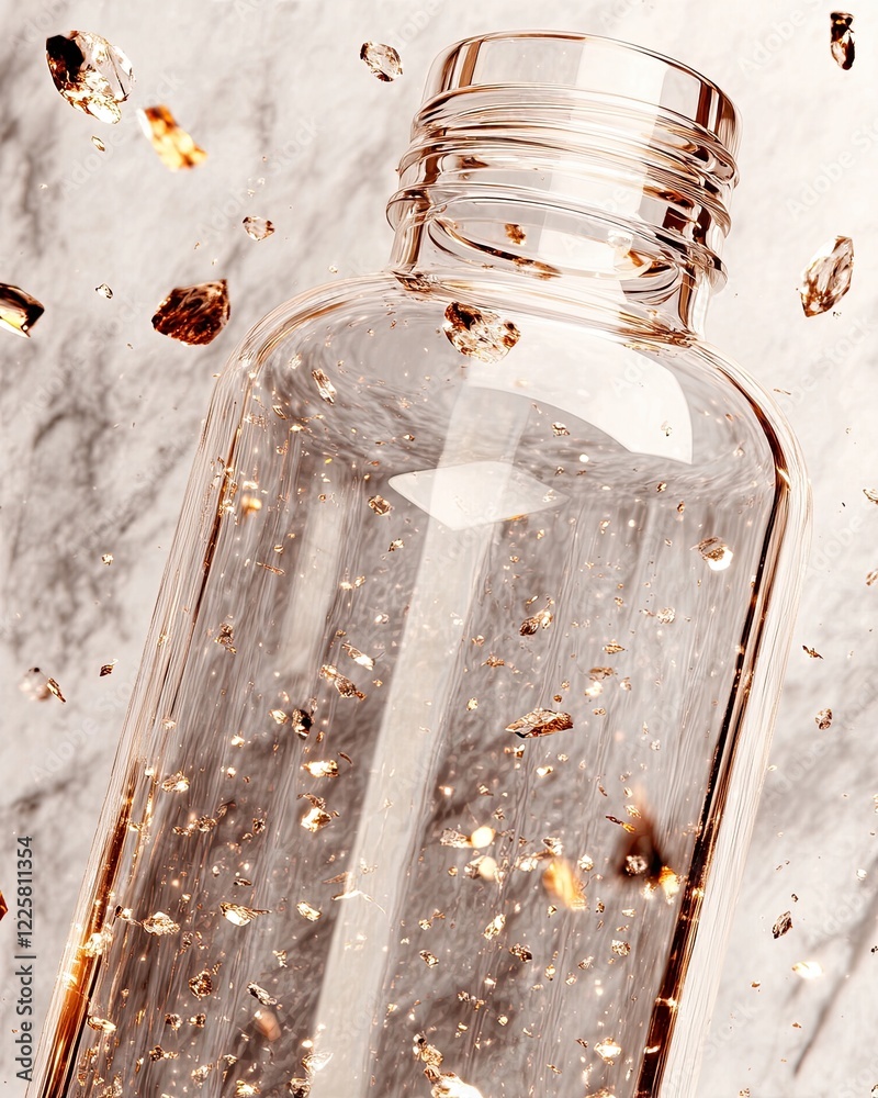 Poster Clear Glass Bottle on Marble Surface With Floating Particles Creating an Elegant Visual Effect