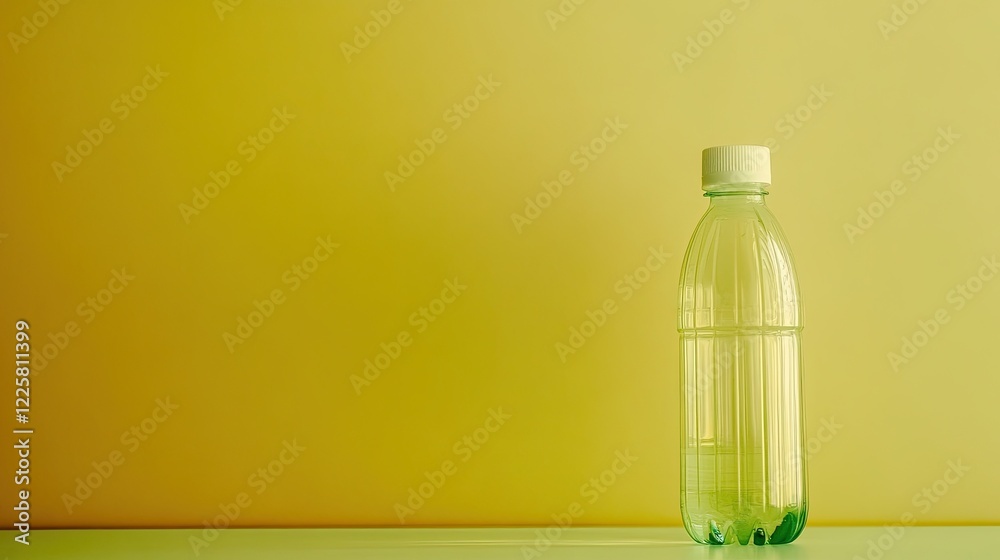 Poster minimalist water bottle resting on a table against a soft yellow backdrop
