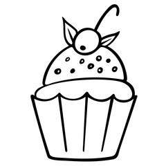 Cupcake doodle drawing isolated on a white background. Vector icon illustration. Template for greeting card, postcard, print, fashion design, menu.