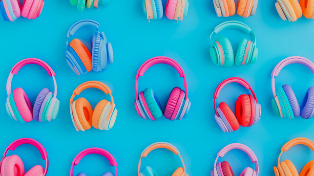 Colorful Headphones Arranged on Blue Surface: A Vibrant Music Collection