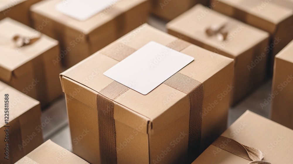 Poster cardboard parcel box with blank label surrounded by similar boxes