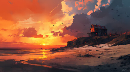 Fototapeta premium Sunset on the beach. Eternal Sky. Illustration