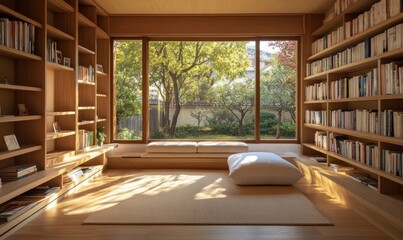Fototapeta premium Serene Wooden Library with Garden View