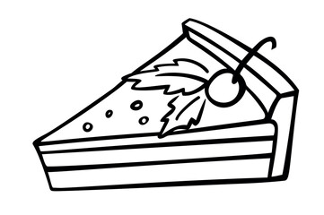 Hand drawn a piece of cake with berries and cream in doodle style isolated on white background. Vector. Sweet and beautiful dessert. Template for greeting card, postcard, print, menu.