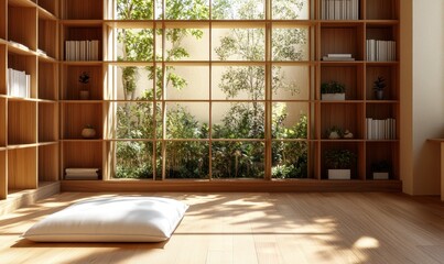 Serene Minimalist Room with Japanese Garden View