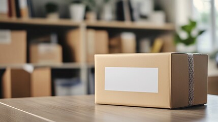 Cardboard parcel box with blank label standing on table in a storage room