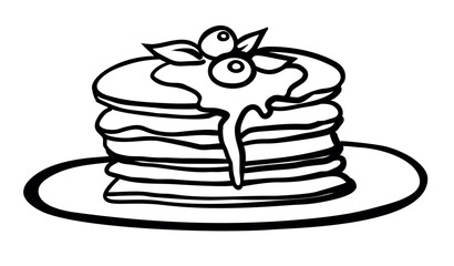 Hand drawn Outline Pancakes with mint leaf and berries on plate isolated on white background. Vector illustration. Perfect for print, web, menu and infographics.