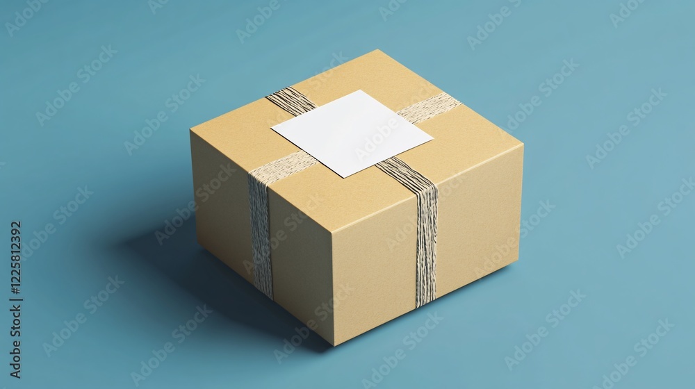 Poster cardboard parcel tied with string with blank label on blue background