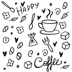 Hand drawn pattern: lettering happy coffee and flowers, mug, candy, leaf in doodle style isolated on a white background. Vector illustration.