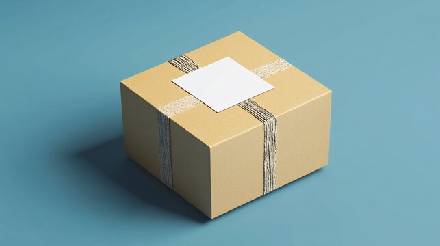 Cardboard parcel tied with string with blank label on blue background