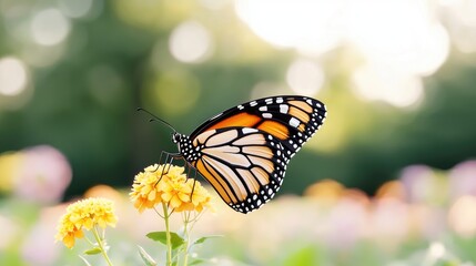 Obraz premium Monarch butterfly on lantana flower in garden, blurred background, nature photography for website